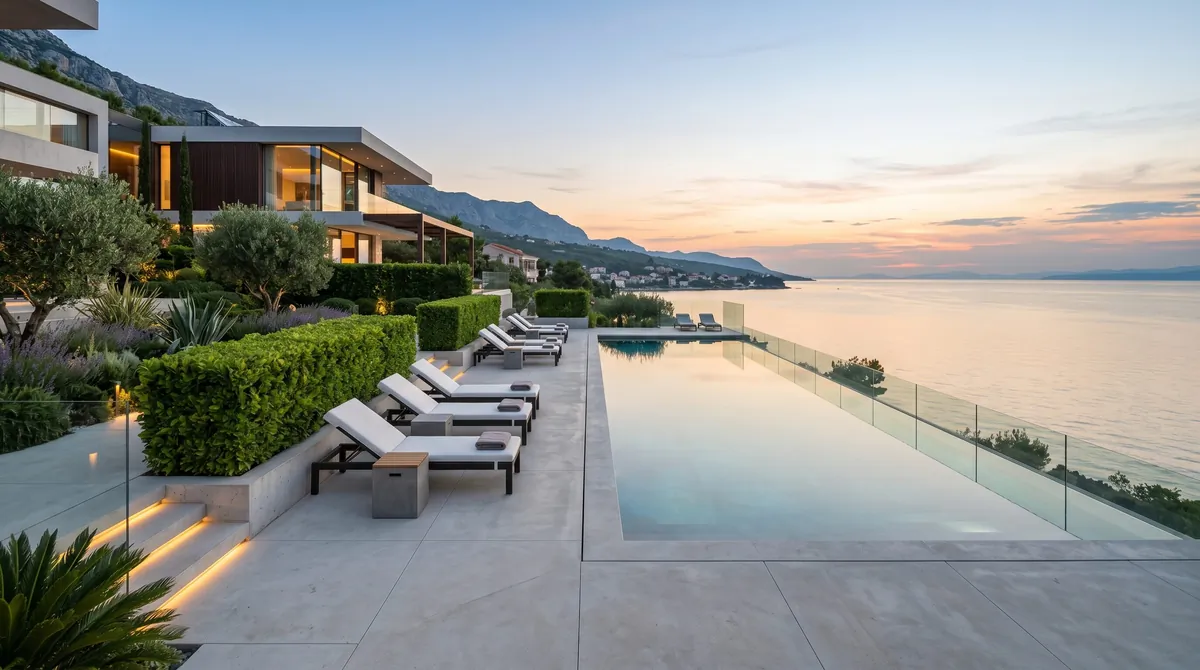 Modern infinity pool with concrete decking, lounge chairs, structured hedges, and blue reflections.
