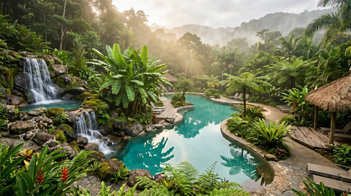 Tropical pool with waterfall, banana plants, ferns, natural rocks, and misty sunlight.