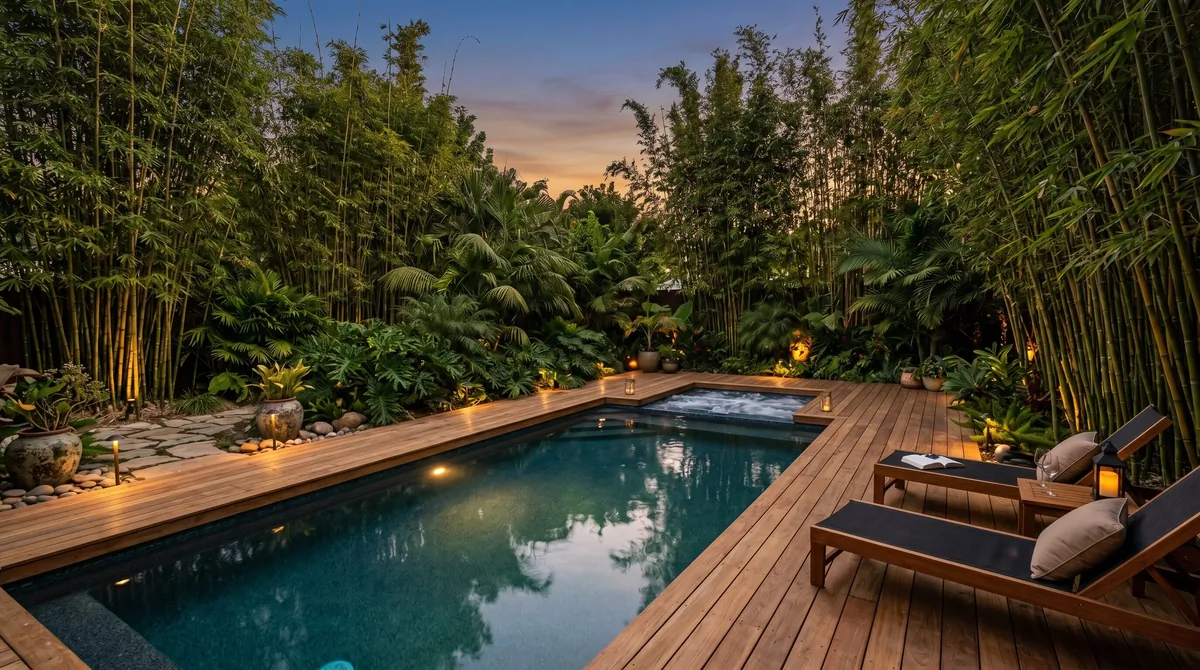 Backyard pool with wood deck, bamboo privacy screens, lush foliage, and evening lighting.