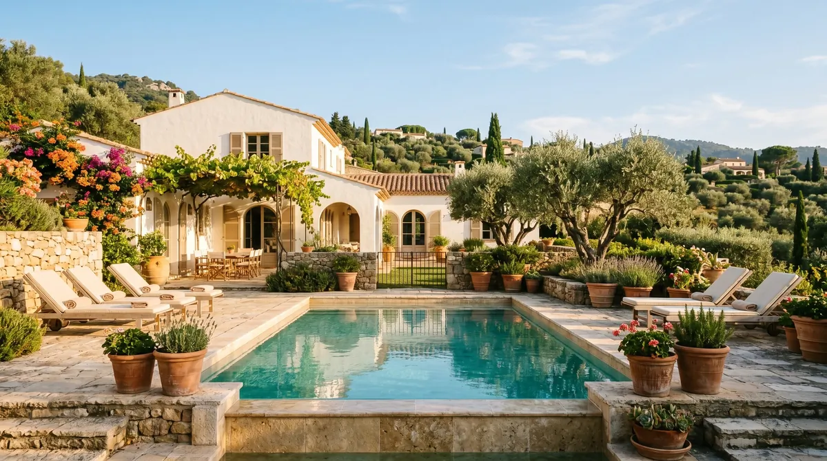 Mediterranean pool landscape with olive trees, terracotta planters, white stucco walls, and golden light.