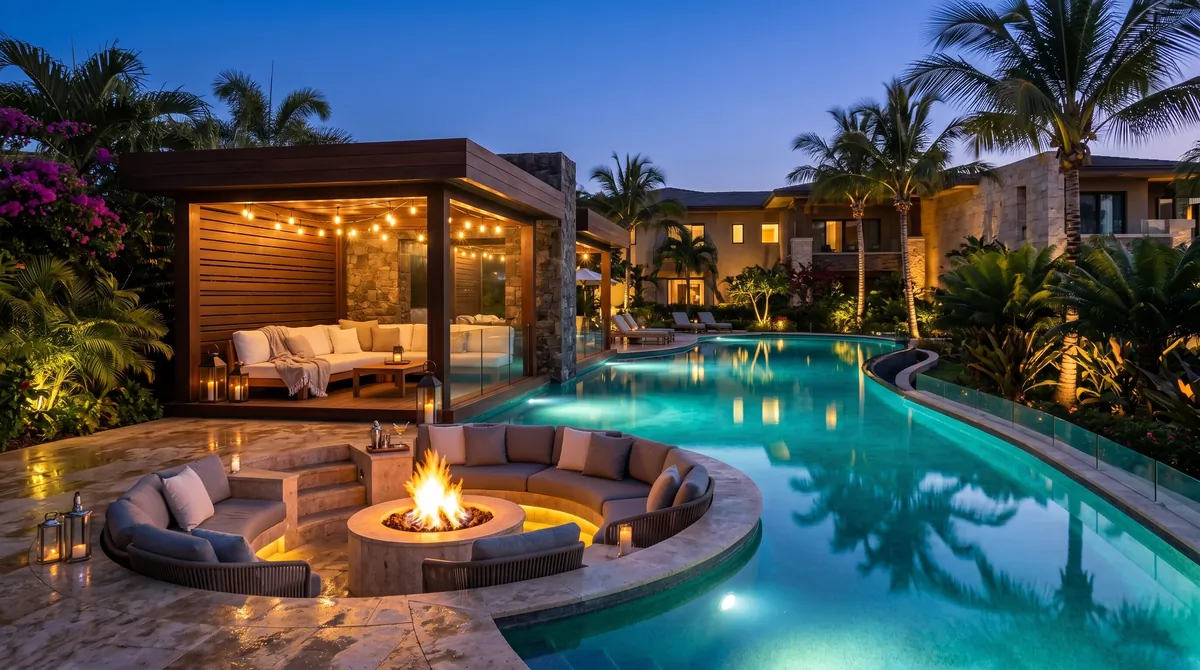 Luxury pool oasis with fire pit lounge, glowing water reflections, cabana seating, and evening lighting.