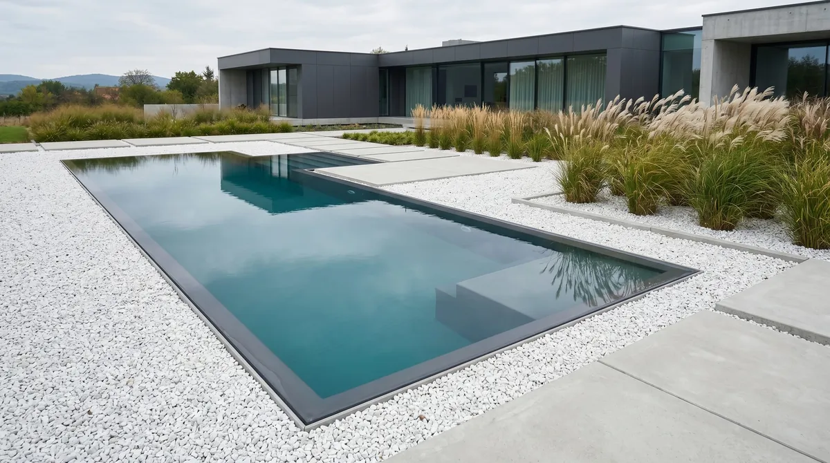 Minimal pool with geometric edges, white gravel, ornamental grasses, and modern lines.