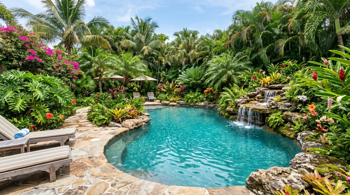 Tropical backyard pool with curved shape, rock waterfall edges, flowering plants, and lush greenery.