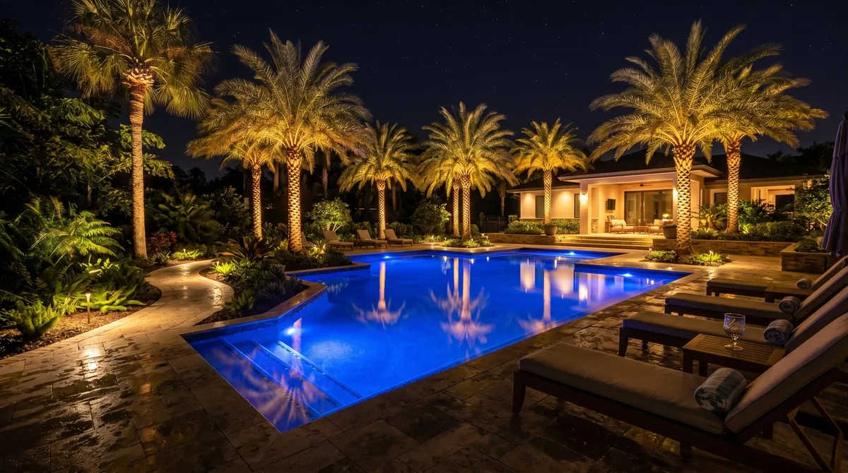 Night pool landscape with underwater LEDs, illuminated palms, pathway lights, and reflective water.