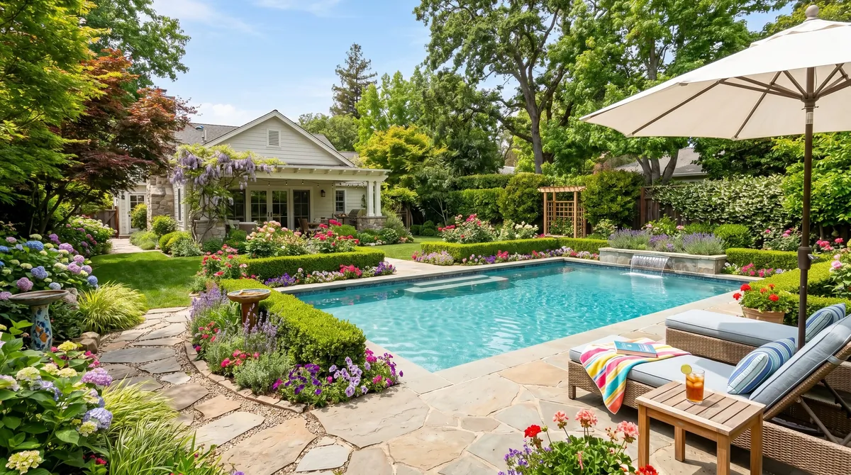 Family pool backyard with soft landscaping, trimmed hedges, flowering borders, and stone paths.