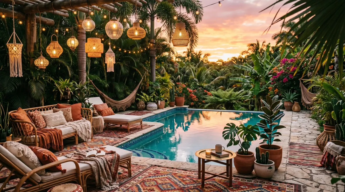 Bohemian pool oasis with outdoor rugs, rattan furniture, hanging lanterns, and tropical plants.