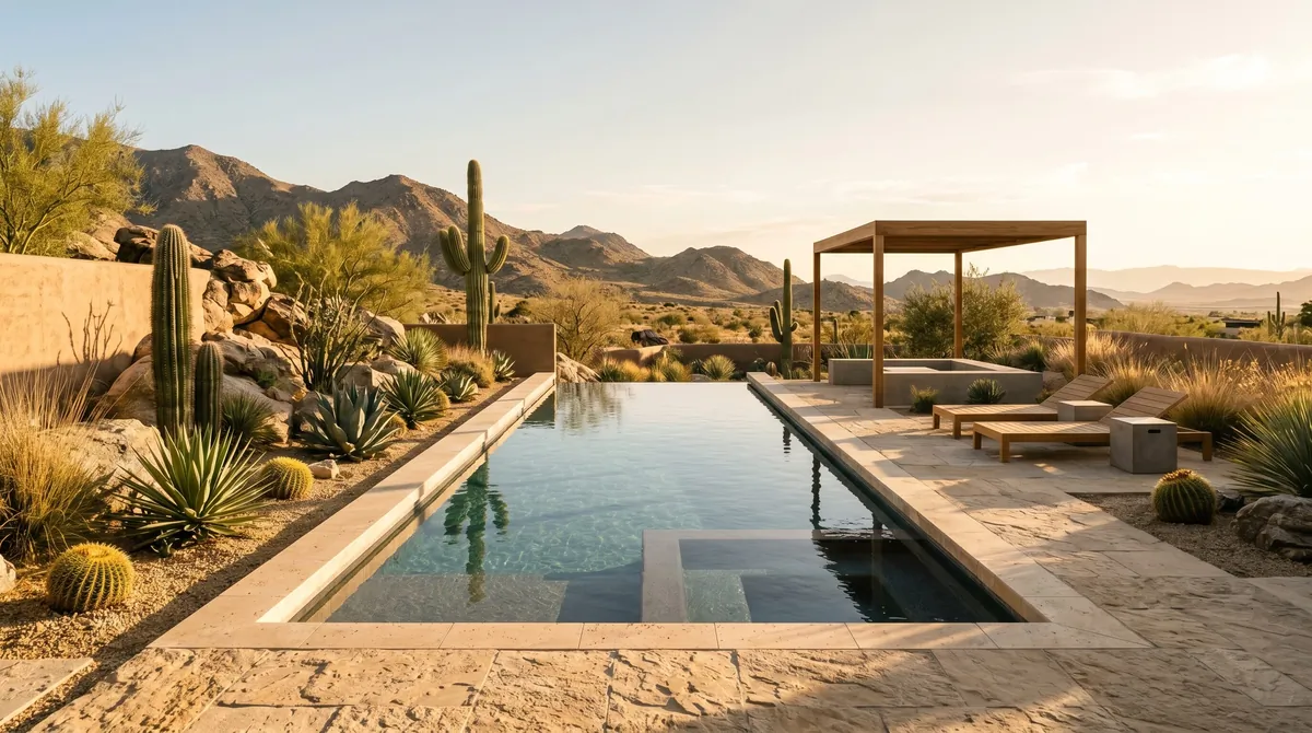 Desert pool landscaping with cactus, agave, sand-colored stone, and minimalist design.