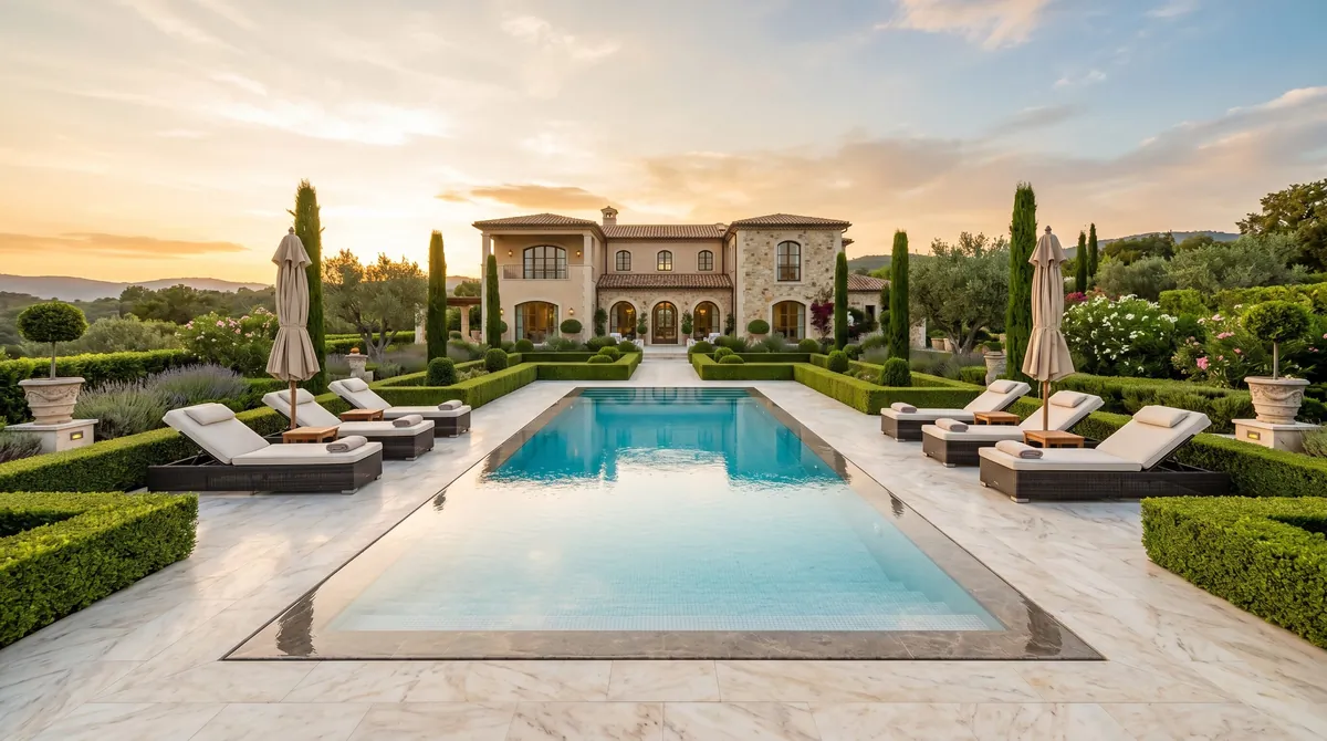 Luxury villa pool with manicured hedges, symmetrical garden, marble decking, and elegant loungers.