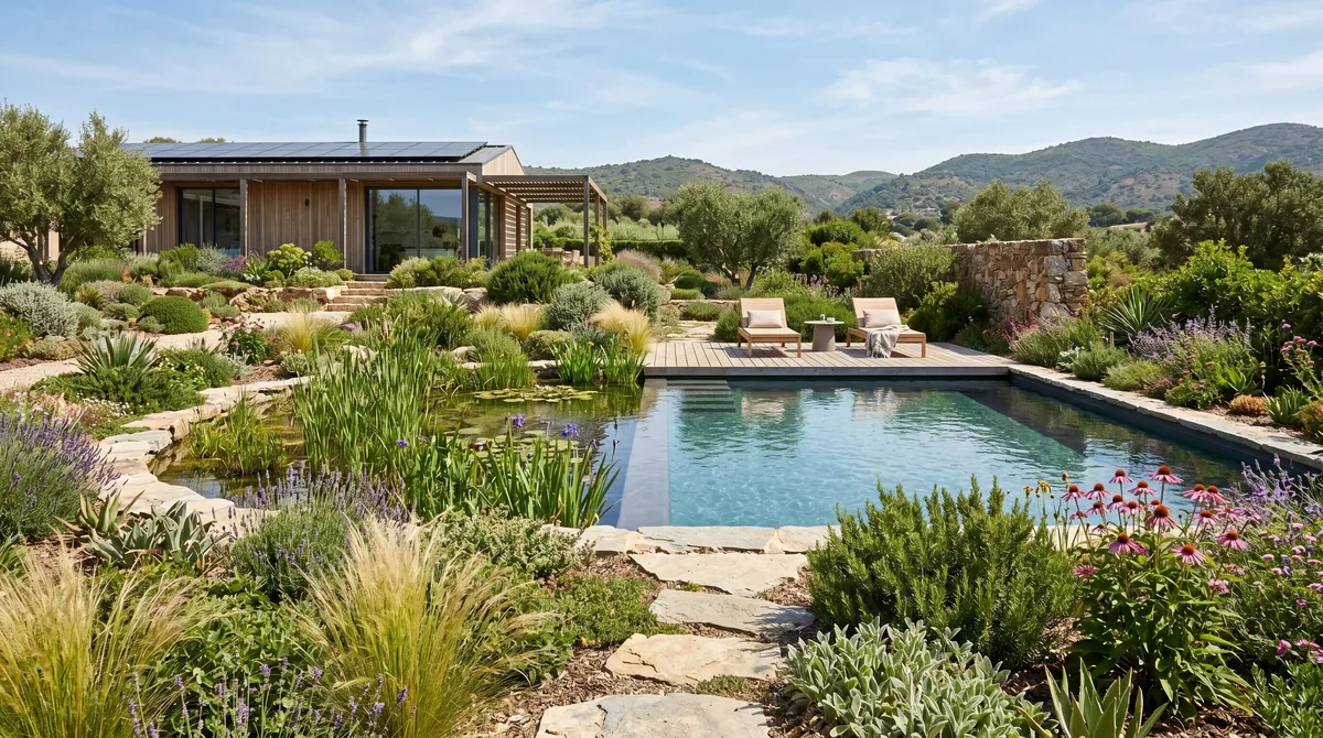 Eco-friendly pool landscape with native plants, natural filtration pond, stone paths, and sustainable design.