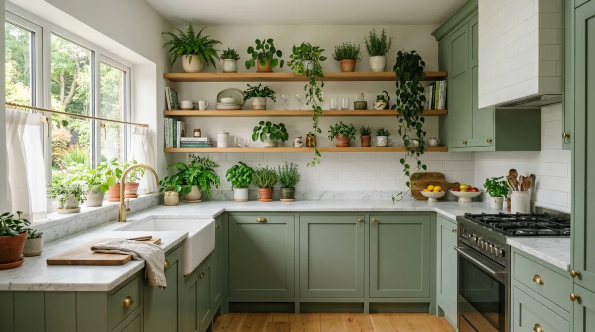 Lush green kitchen with sage cabinets, marble countertops, plants on shelves, and bright natural light.