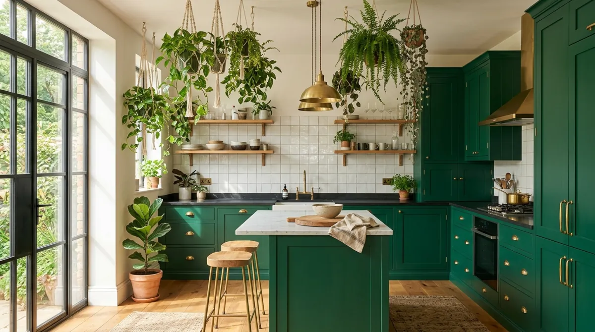 Modern green kitchen with emerald cabinets, brass hardware, white backsplash, and hanging plants.
