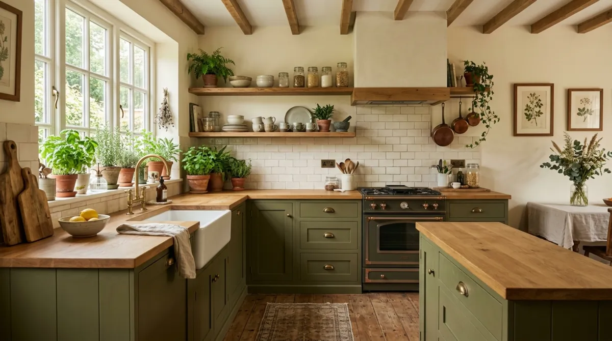 Olive green kitchen with wood accents, herb garden on windowsill, and open space.