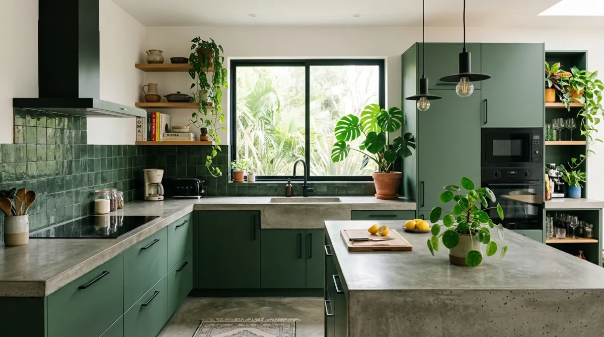 Forest green kitchen with black fixtures, concrete counters, and tropical plants.