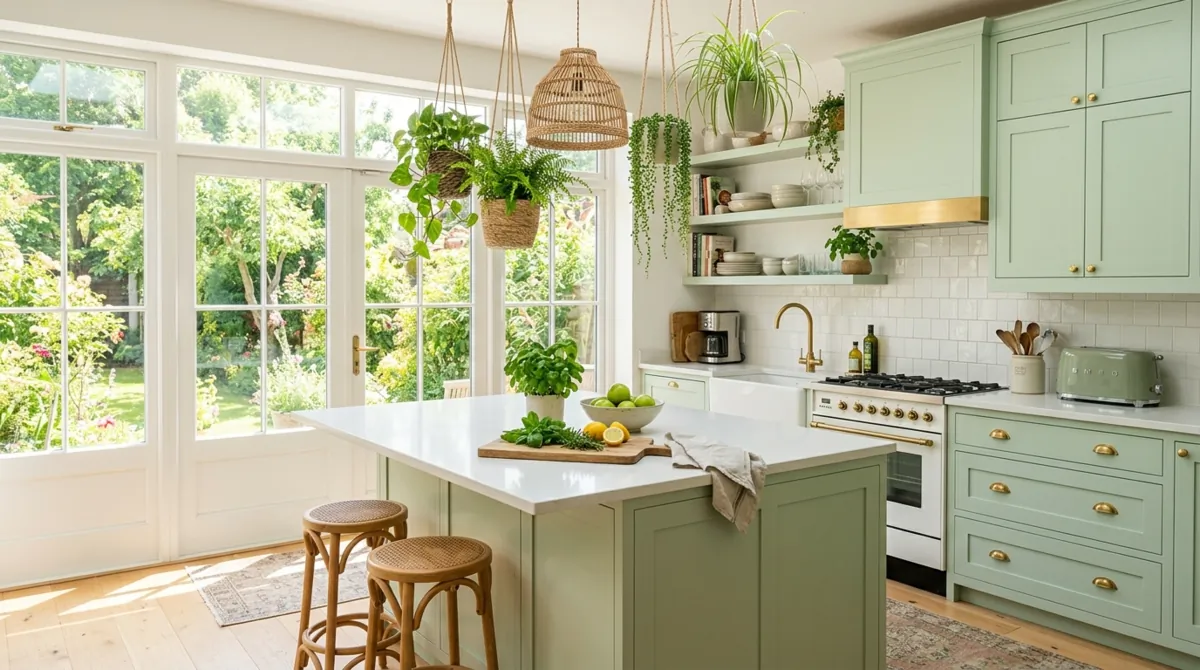 Pastel green kitchen with white quartz island, hanging plants, and sunlit windows.