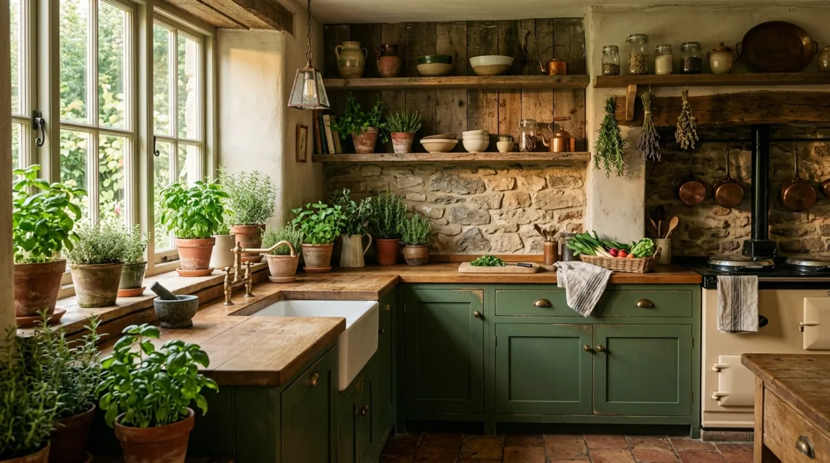 Rustic green kitchen with moss cabinets, reclaimed shelves, stone backsplash, and herbs.