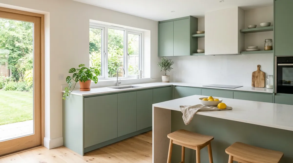 Minimal green kitchen with soft muted tones, white counters, and simple plant decor.