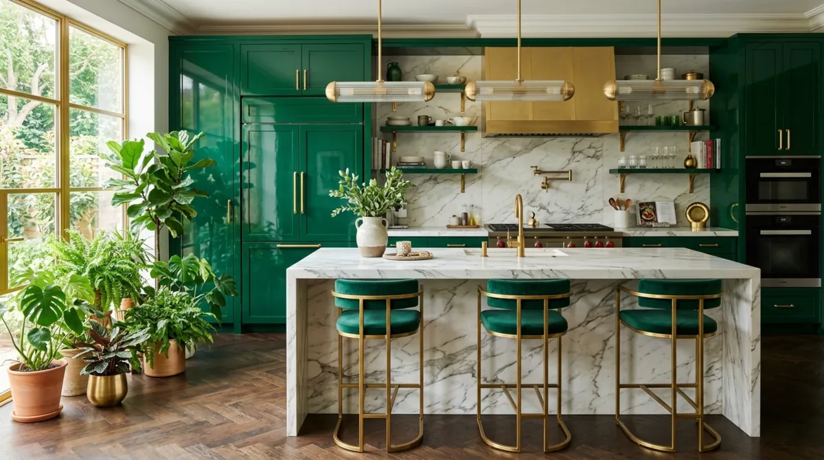 Luxury green kitchen with glossy emerald cabinets, marble island, gold accents, and plants.