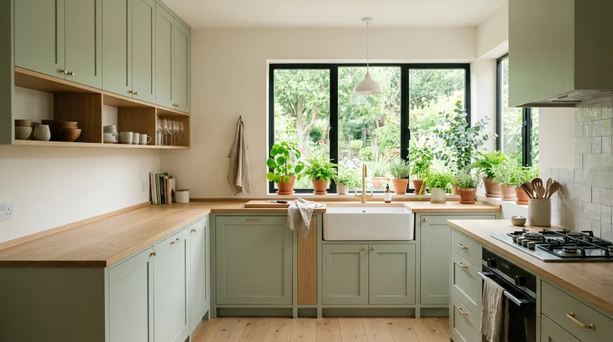 Scandinavian green kitchen with light sage cabinets, wood accents, minimal decor, and plants.