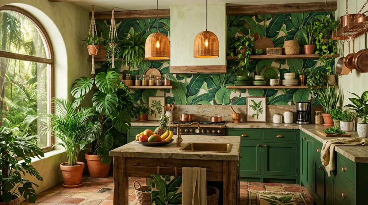 Tropical green kitchen with jungle plants, banana leaf decor, stone textures, and warm light.