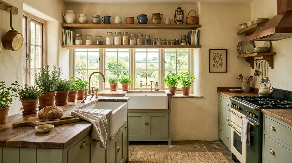 Farmhouse green kitchen with sage cabinets, apron sink, wood shelves, and herbs.