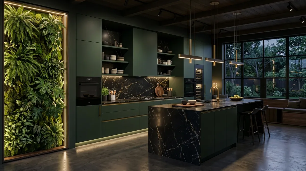 Modern dark green kitchen with black marble counters, sleek cabinets, and plant wall.