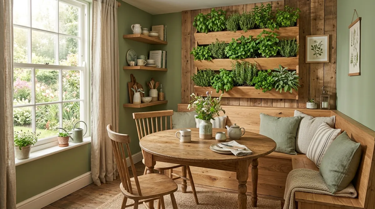 Green kitchen nook with vertical herb garden, wood accents, small dining area, and morning light.