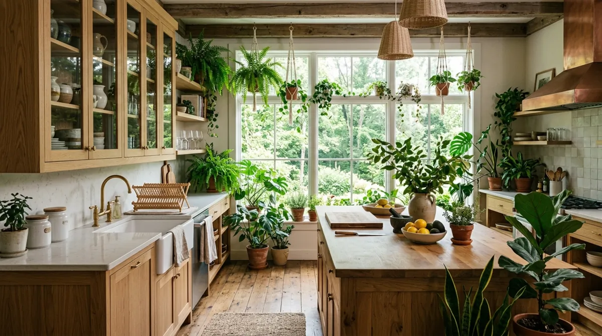 Nature-inspired kitchen with greenery, glass cabinets, wood island, plants, and bright daylight.