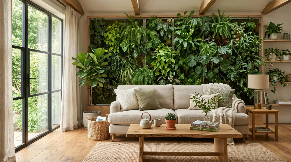Nature-inspired living room with plant wall, neutral sofa, wood coffee table, and bright natural light.