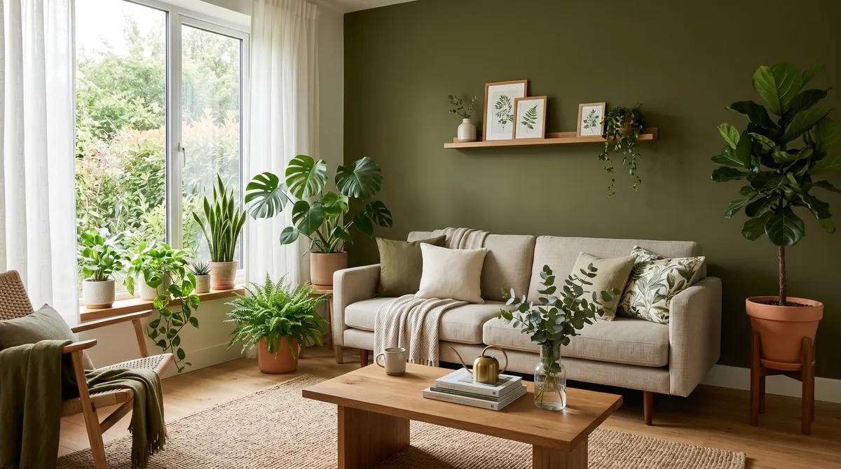 Modern green living room with olive wall, indoor plants, minimalist furniture, and soft natural lighting.