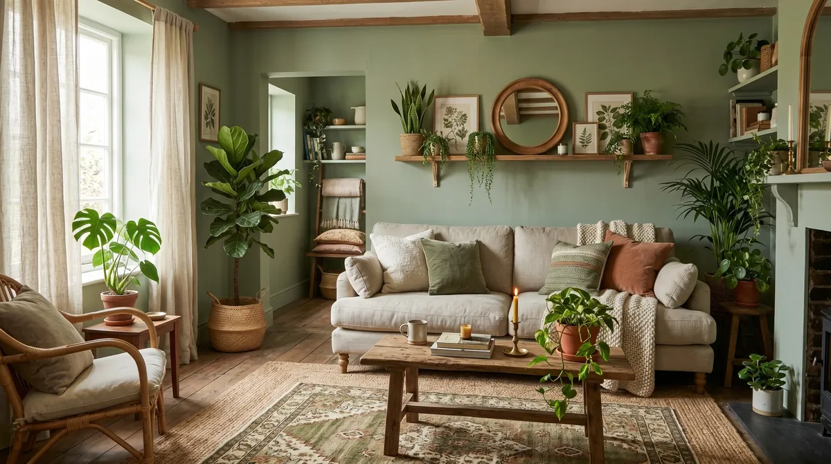 Cozy green living room with sage walls, linen sofa, woven rug, and layered greenery.