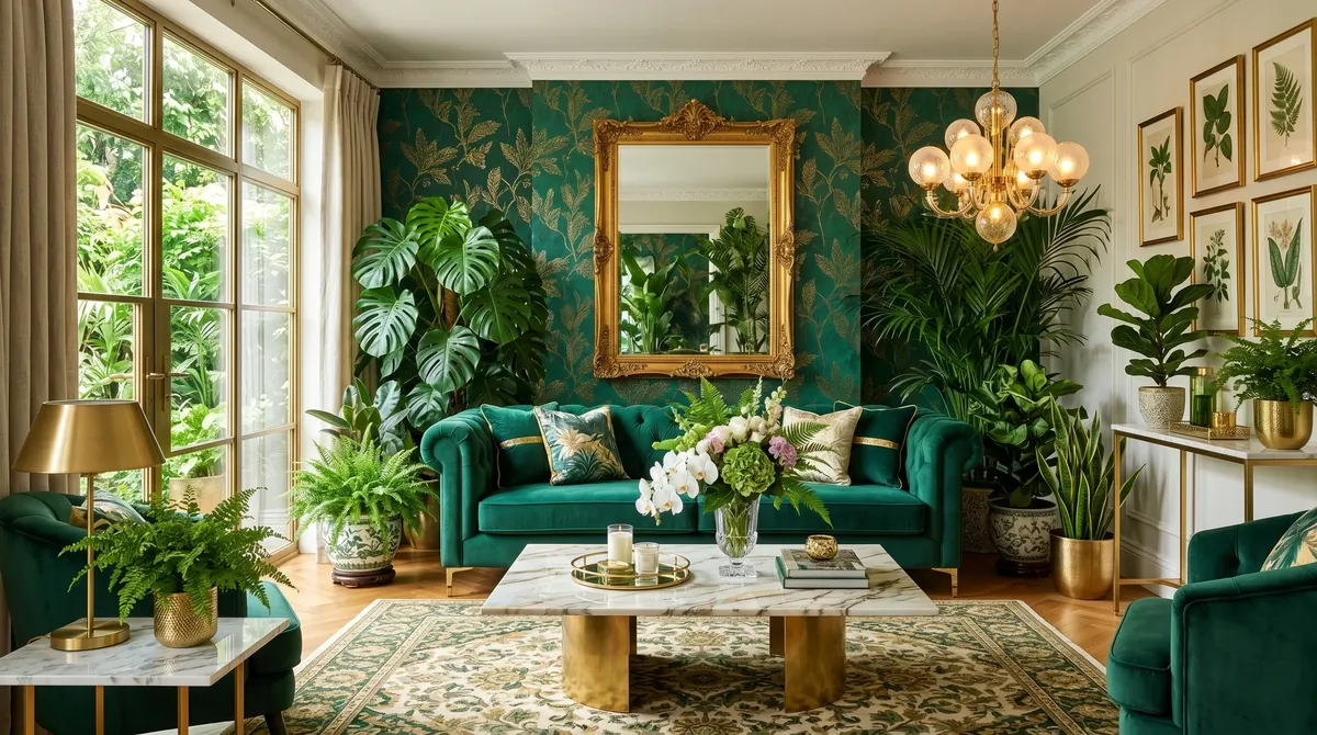 Luxury botanical living room with emerald velvet sofa, marble accents, gold lighting, and rich plant styling.