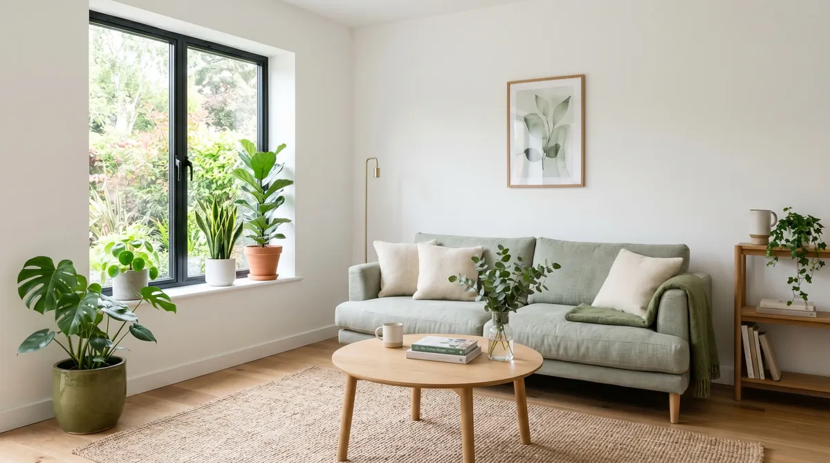 Minimal green living room with white walls, light decor, simple furniture, and carefully placed plants.