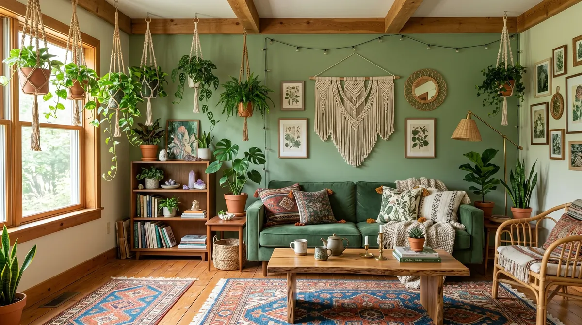 Bohemian green living room with hanging plants, patterned rugs, wood furniture, and macrame details.