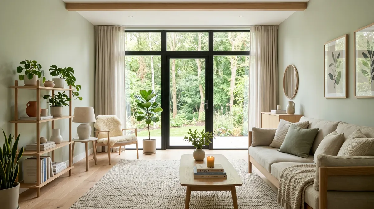 Scandinavian green living room with pale green tones, light wood furniture, neutral textiles, and big windows.