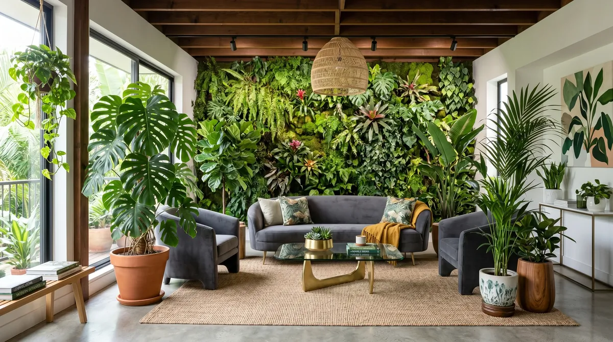 Modern jungle-style living room with oversized plants, glass table, sleek seating, and bold indoor greenery.