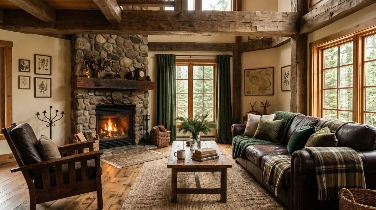 Rustic green living room with reclaimed beams, stone fireplace, forest-green accents, and cozy layered textures.