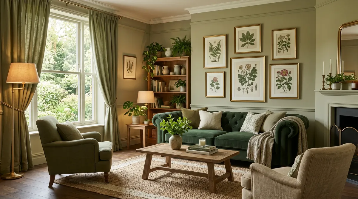 Elegant green living room with soft drapes, plush seating, botanical art, and warm ambient lighting.