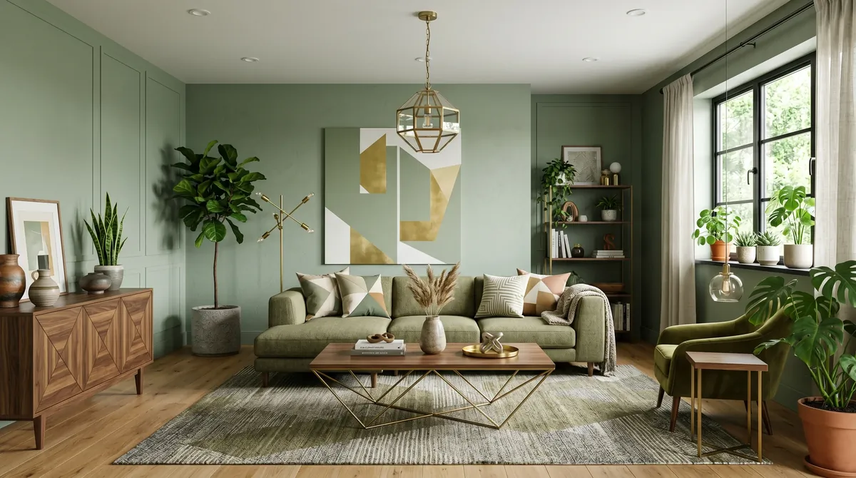 Contemporary green living room with geometric decor, muted palette, modern lighting, and balanced plant placement.