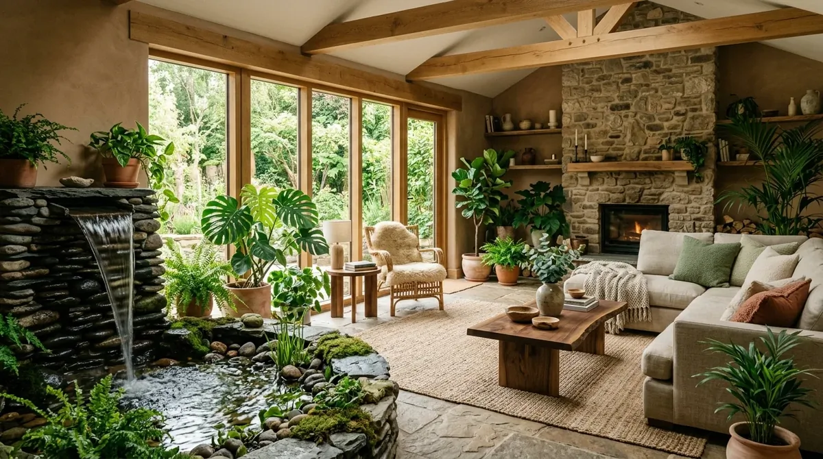 Serene nature-inspired living room with indoor water feature, greenery, stone textures, and peaceful earth tones.