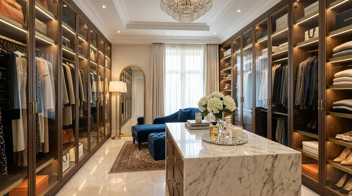 Luxury walk-in closet with custom shelving, center island, warm lighting, and boutique dressing-room style.