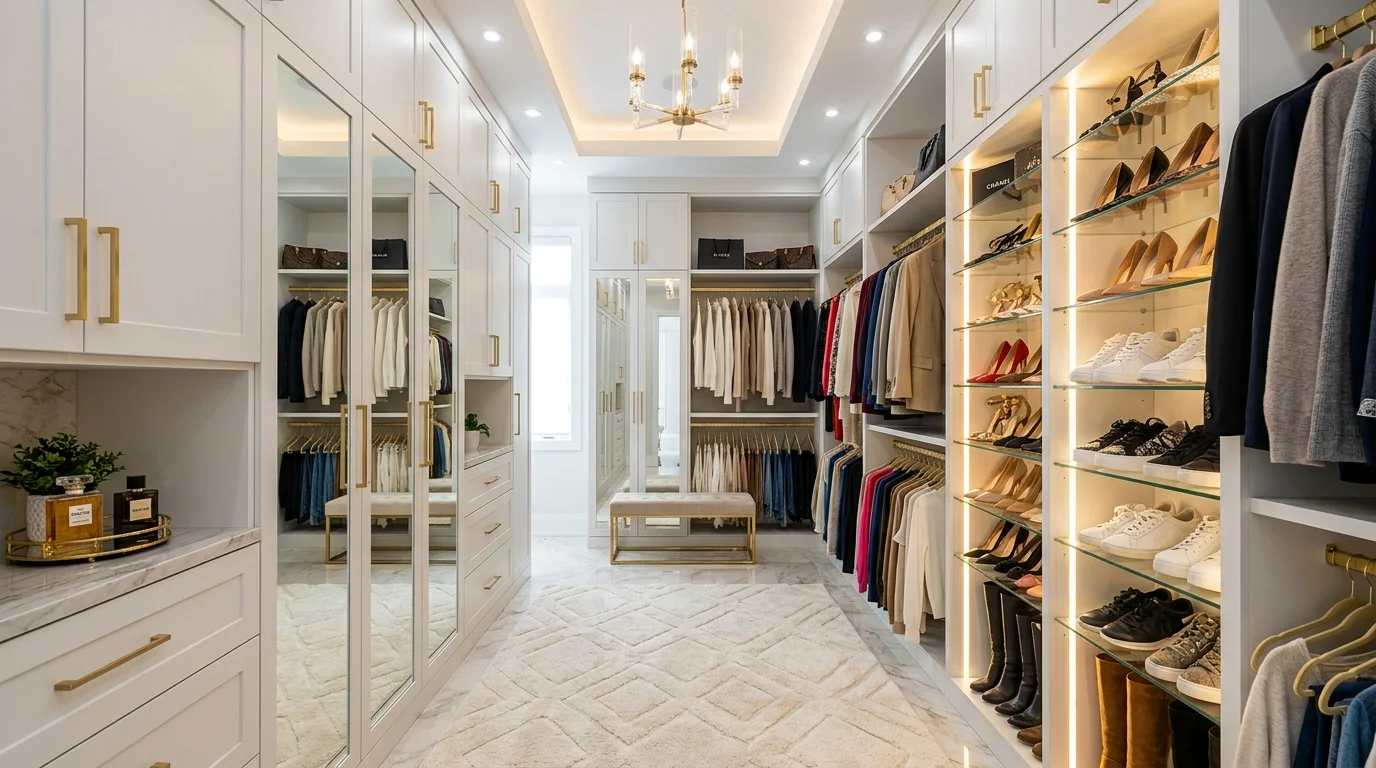 Walk-in closet with glass cabinet fronts and polished display-style organization.