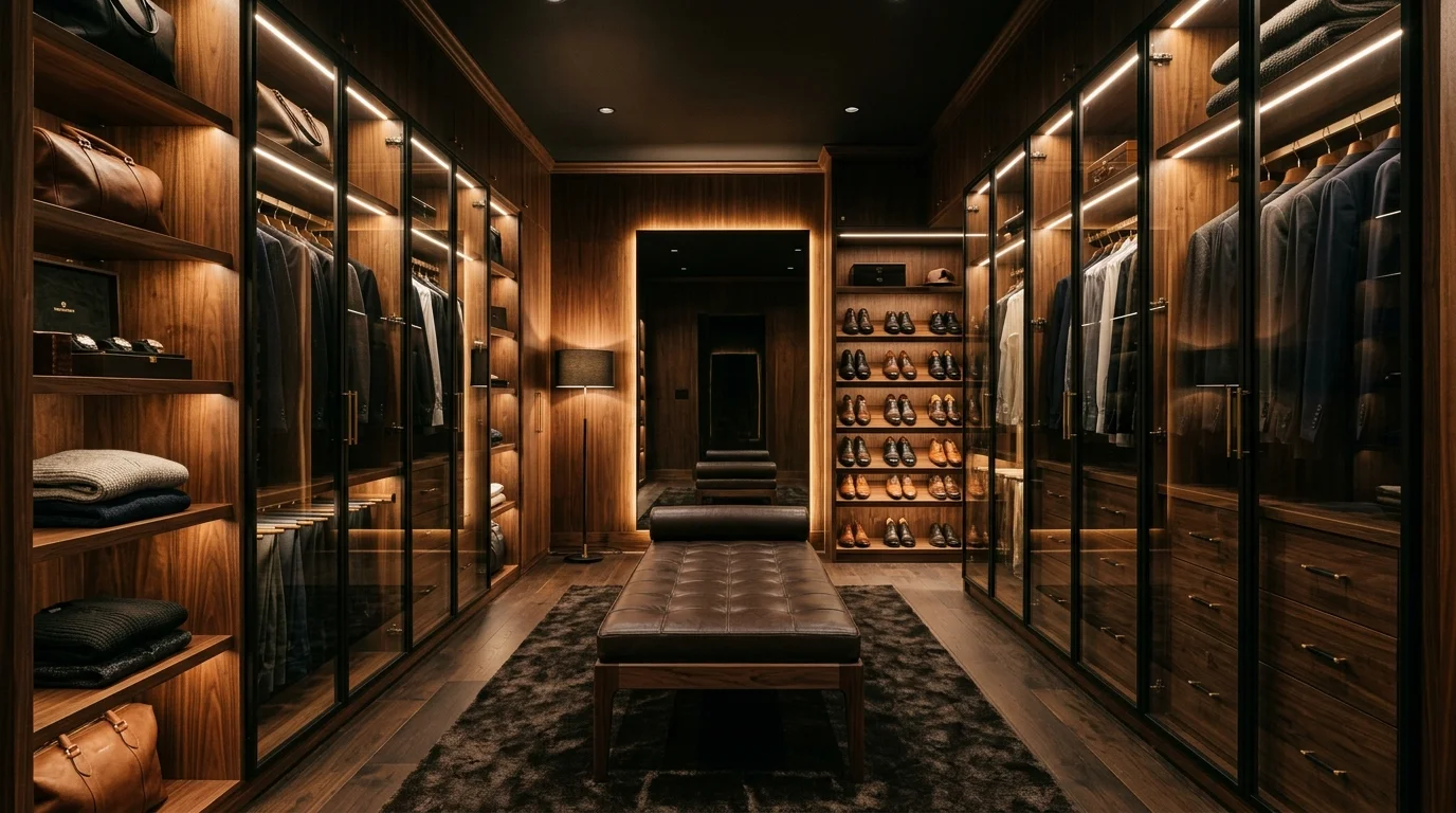 Custom closet in warm wood tones with layered shelving and elegant soft lighting.