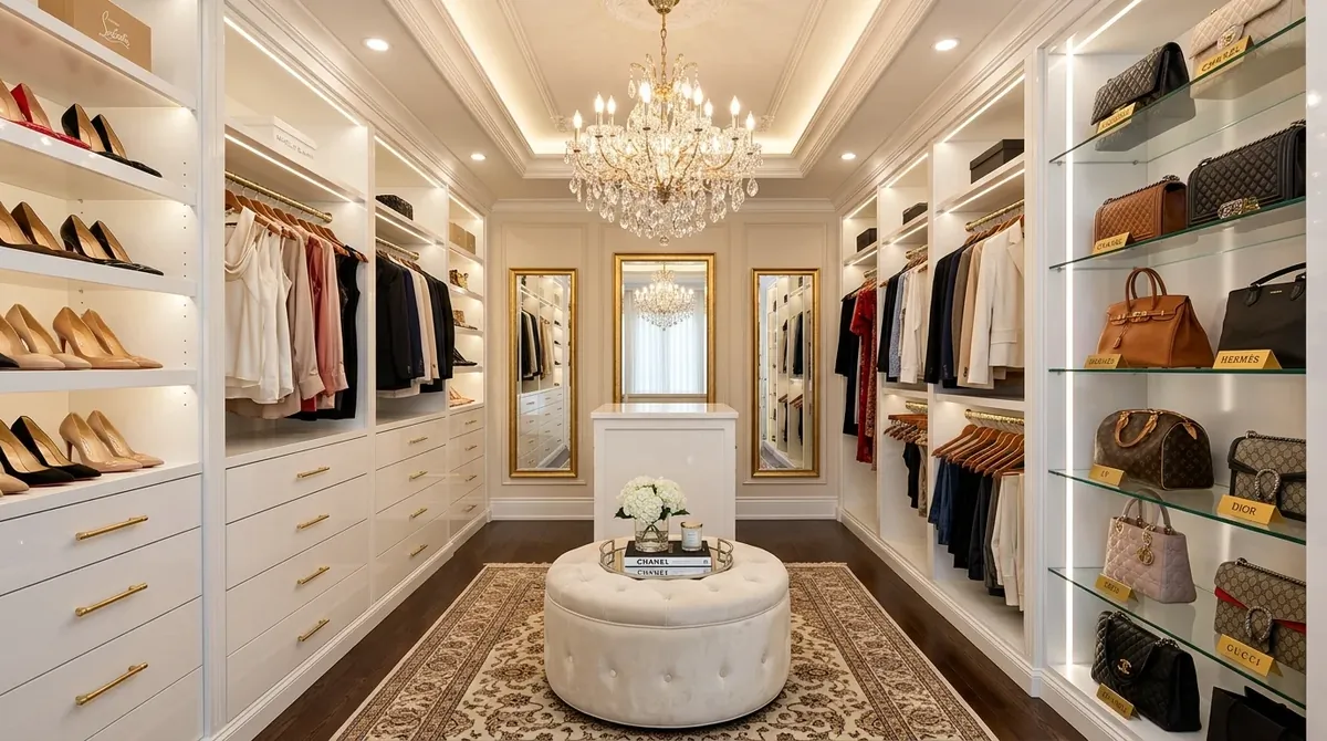 Bright white walk-in closet with island, mirrors, and refined high-end order.