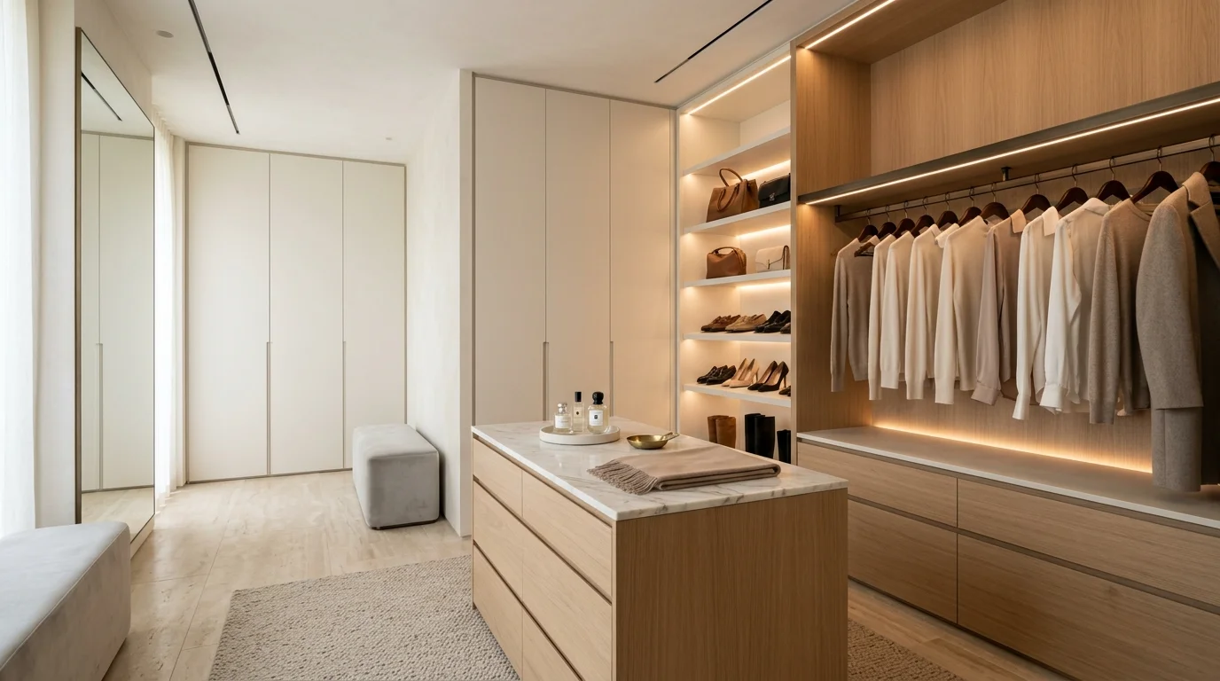 Custom closet featuring vanity area, soft chair, and dressing-room comfort.