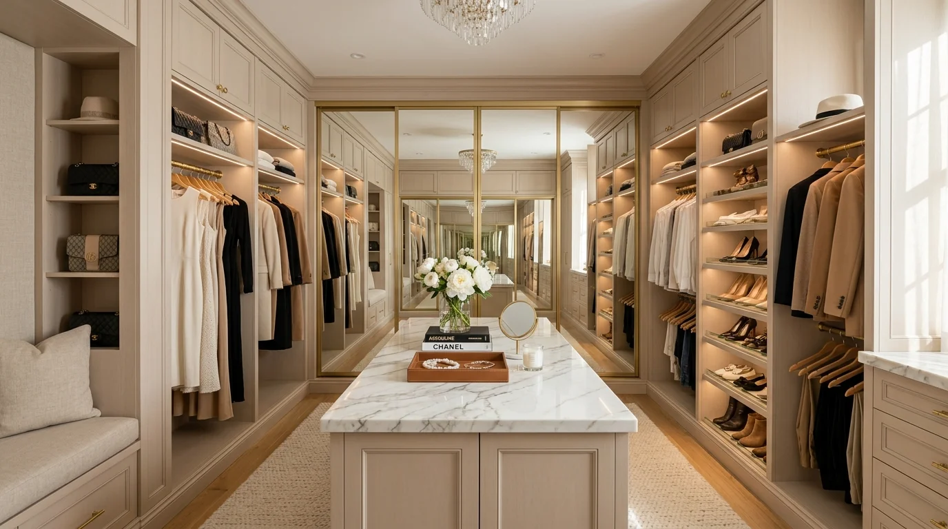 Luxury walk-in closet with darker cabinetry, brass hardware, and dramatic sophistication.