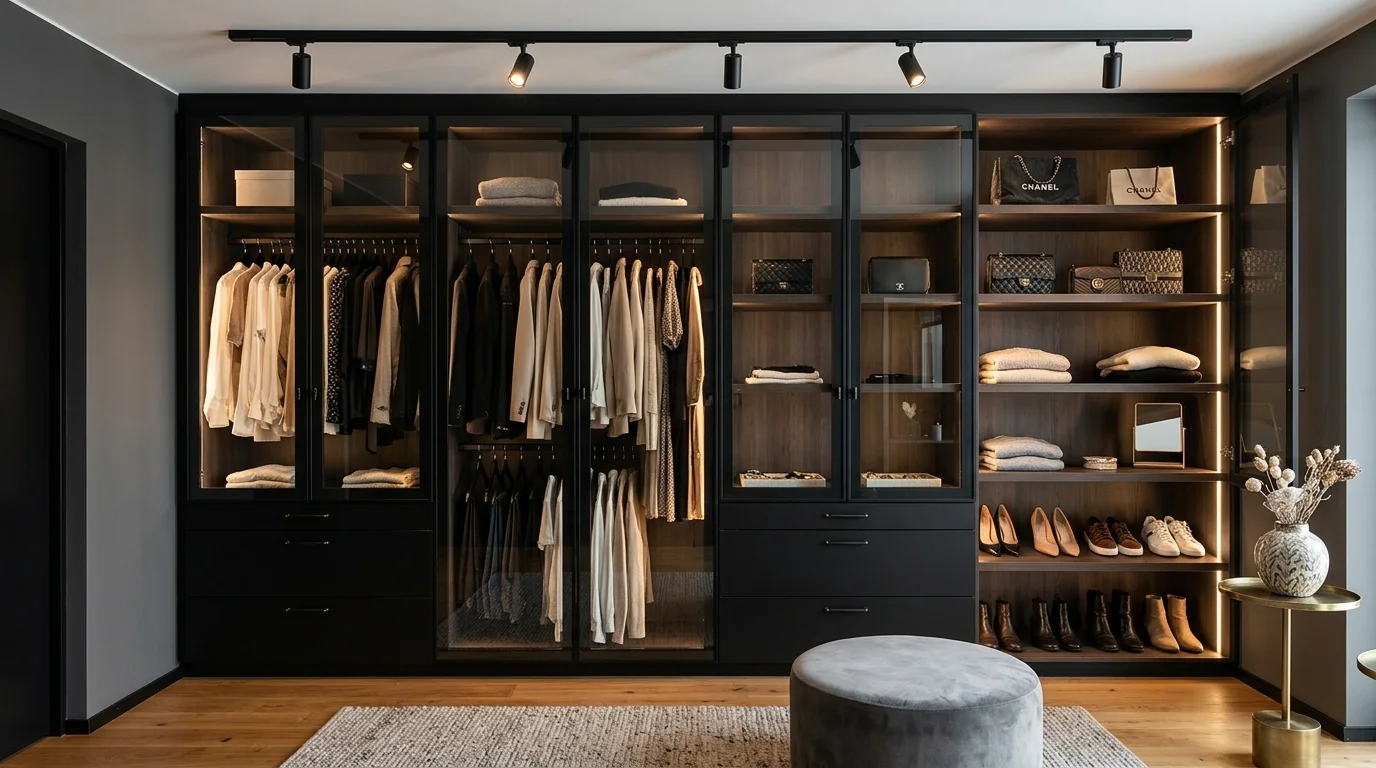 Closet with open shelving, handbag display, and carefully arranged storage.
