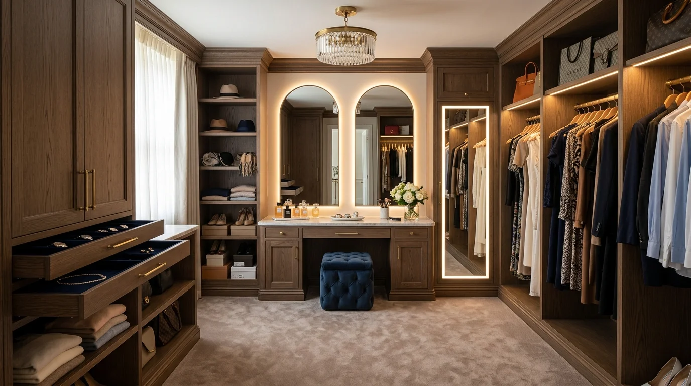 Custom walk-in closet with balanced dual zones and efficient shared organization.