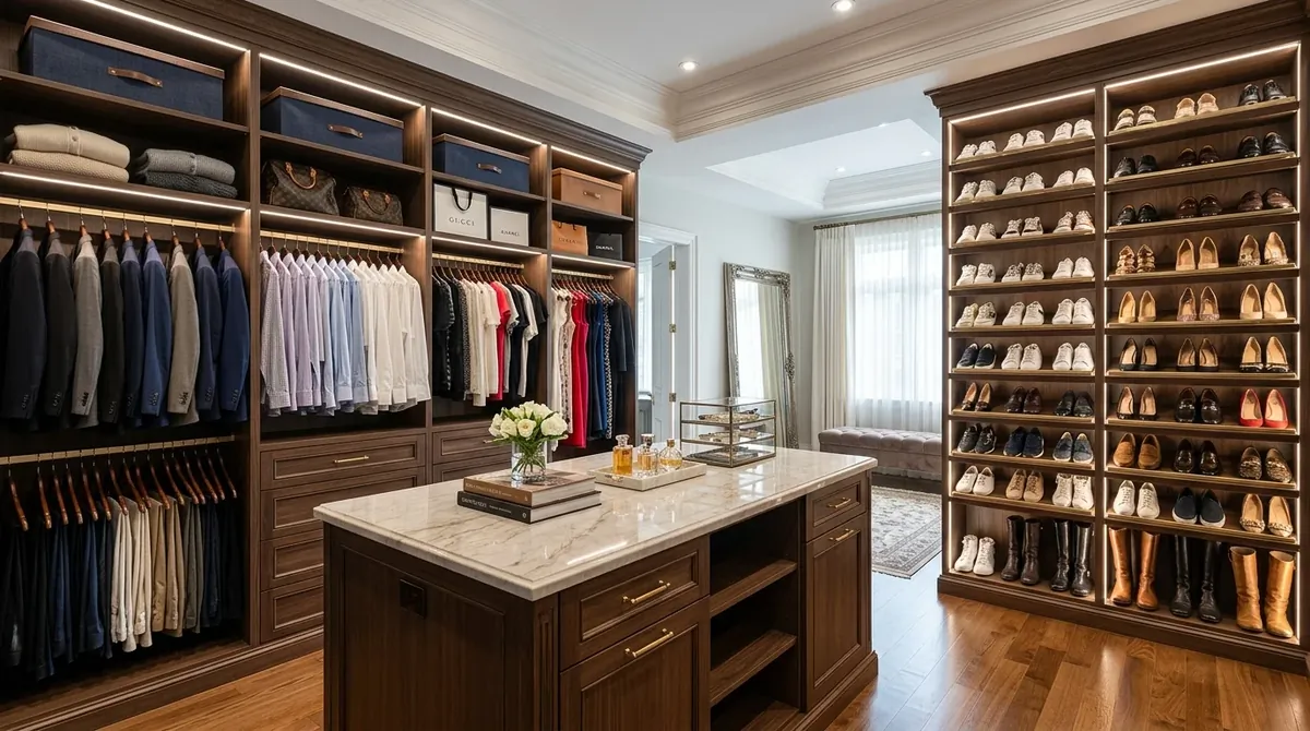 Walk-in closet with chandelier, island, and glamorous polished detail.