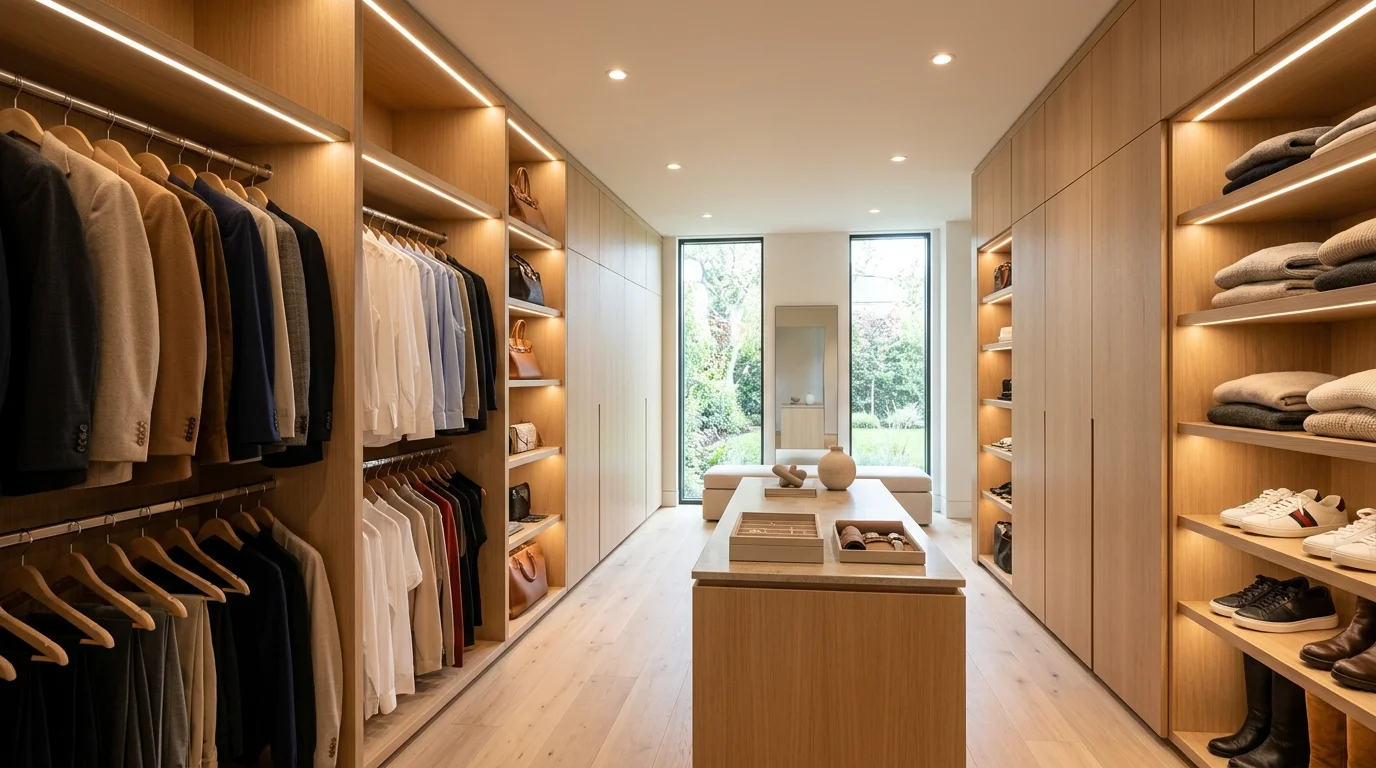 Sleek custom closet with hidden storage and clean-lined upscale restraint.