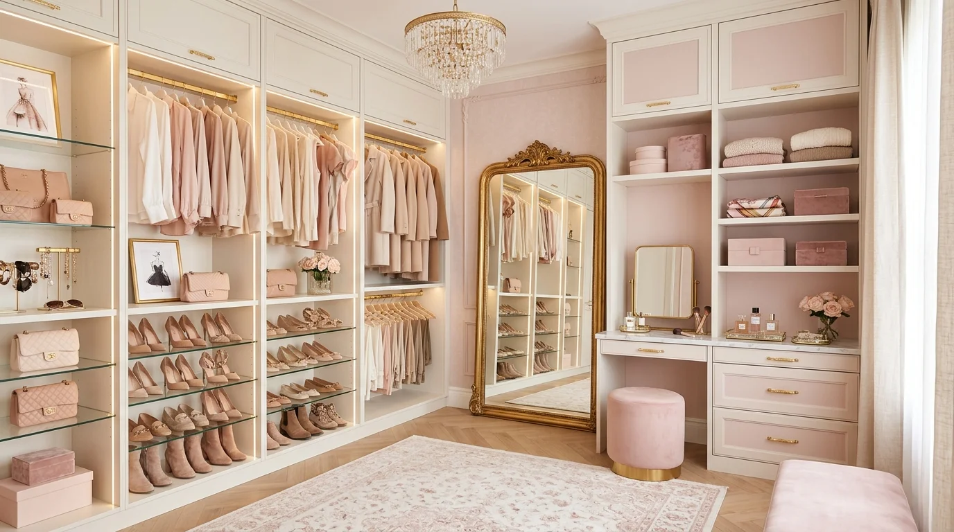 Luxury closet with upholstered bench and comfortable central dressing zone.